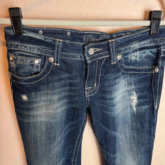 Miss Me Metal Studded Distressed Boot Cut VTG low rise sz 28 jean dark wash - Picture 4 of 6
